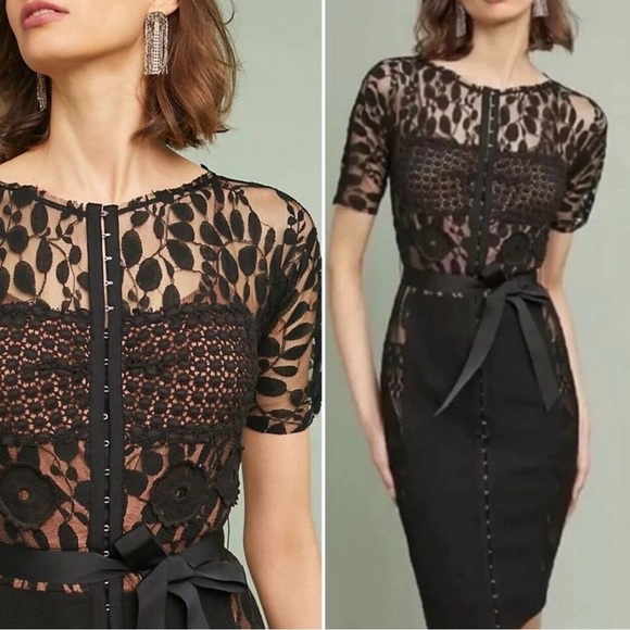Byron Lars Beguile Carissima Sheath Dress Black Lace Overlay Short Sleeve  Sz 14